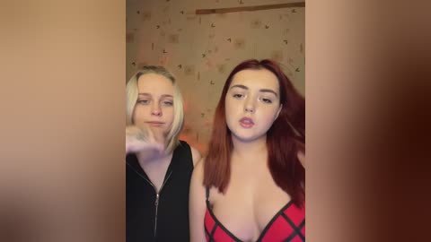 Video of two young women with fair skin and long hair, one blonde and one red, standing close together. The red-haired woman wears a red and black plaid bralette. Background shows a wallpaper with floral patterns.