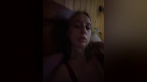 A dimly lit video of a woman with fair skin and long brown hair, wearing a black bra, leaning against a wooden wall in a dimly lit room.