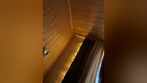 Video of a dimly lit, narrow wooden hallway with a warm, golden-yellow light illuminating the baseboards and ceiling. The walls are smooth, with a subtle grain texture, and a window at the end partially covered by a sheer curtain.