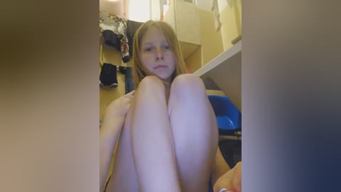 A candid video of a young, naked girl with light skin and shoulder-length blonde hair sitting on a blue chair in a cluttered room, surrounded by clothes and bags.