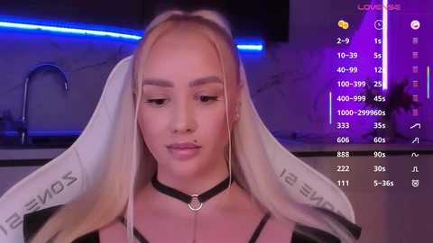 Video of a young woman with long blonde hair, wearing a black choker and headphones, sitting in a modern kitchen with blue LED lights.