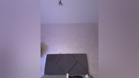 A video of a minimalist bedroom with a beige textured wall and a dark gray upholstered headboard featuring geometric patterns. A single ceiling light hangs above the headboard.