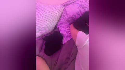 Video of a woman in a bed, wearing a black top, gray lace bra, and beige panties. The room is dimly lit with purple lighting, creating a sensual atmosphere.