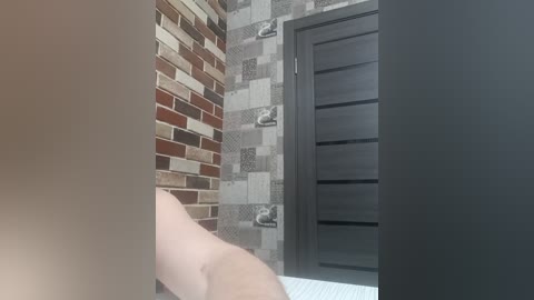 Video of a modern interior showing a dark grey door set against a textured, mosaic-tiled wall with brown and beige brick accents. A person's arm is partially visible on the left.