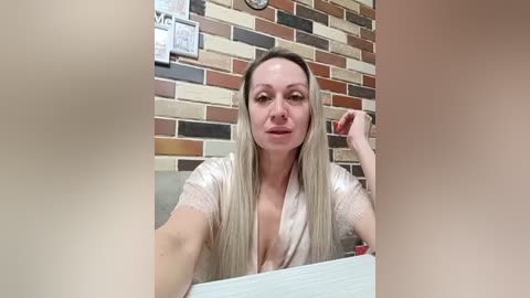 Video of a blonde woman with fair skin, medium build, wearing a low-cut white blouse, sitting at a desk with a brick wall background.