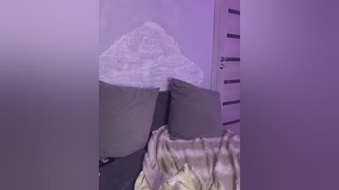 Video of a cozy bedroom corner, featuring a gray bed with a white pillow and a plush, brown and beige blanket. The room is softly lit with purple light, and a wall-mounted height chart is visible.