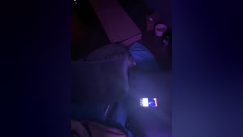 A dimly lit video shows a person's face partially obscured by a smartphone, with a blue light illuminating their eyes and the screen. The background is dark, with indistinct objects and a cup.