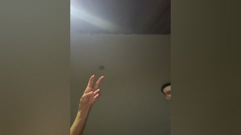 Video of a person with a light skin tone, short black hair, and a medium build, making a peace sign with their right hand. The background is a dimly lit, plain beige wall with a small, round light fixture above.