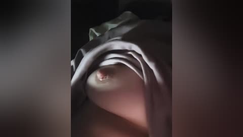 Video of a woman's bare breast, partially covered by a light gray shirt, in a dimly lit room. The image focuses on the exposed nipple and areola, with soft shadows enhancing the texture.